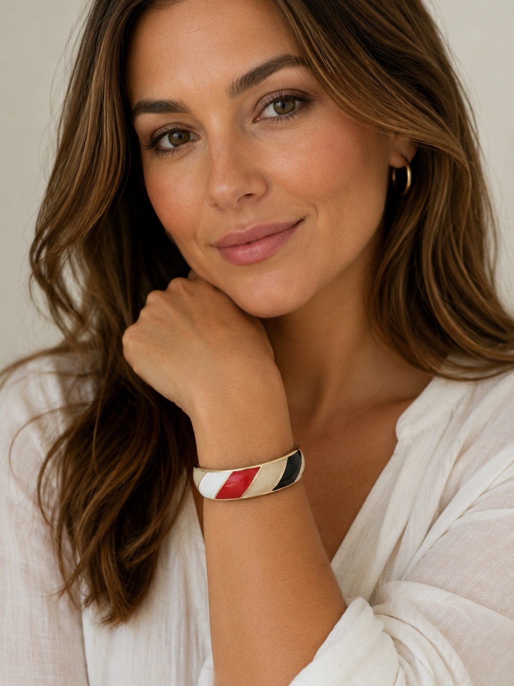 Gold-Tone Enamel Cuff Bracelet in Red, White & Black